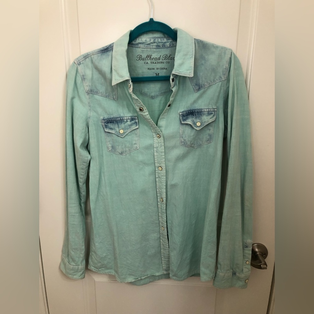 Teal distressed long sleeve button down